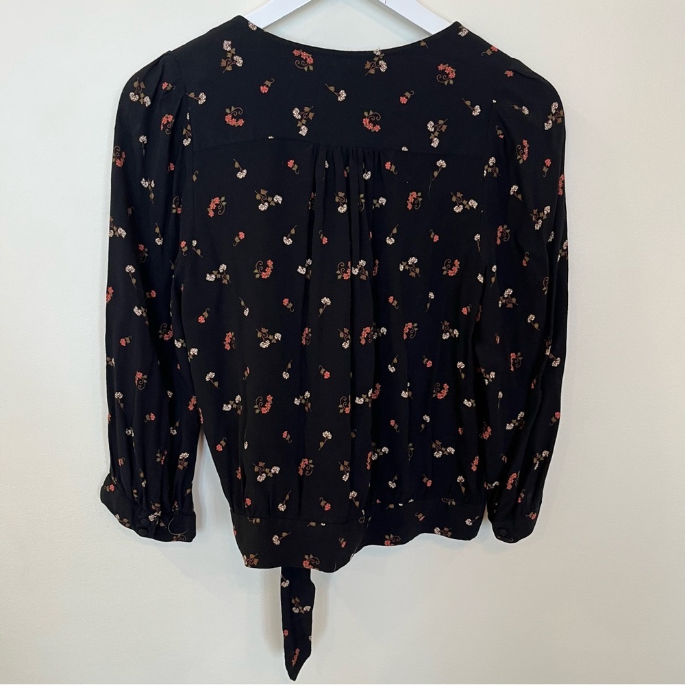 Madewell Black Dainty Floral Faux Wrap Side Tie Top Womens Medium 3/4 Sleeve - Picture 6 of 7